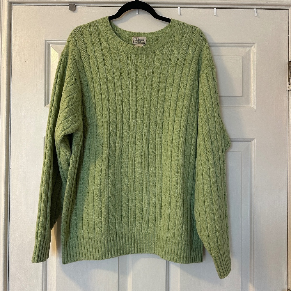 L. L. Bean Men's Wool Blend Cable Knit Sweater Light Green Size Large Fisherman